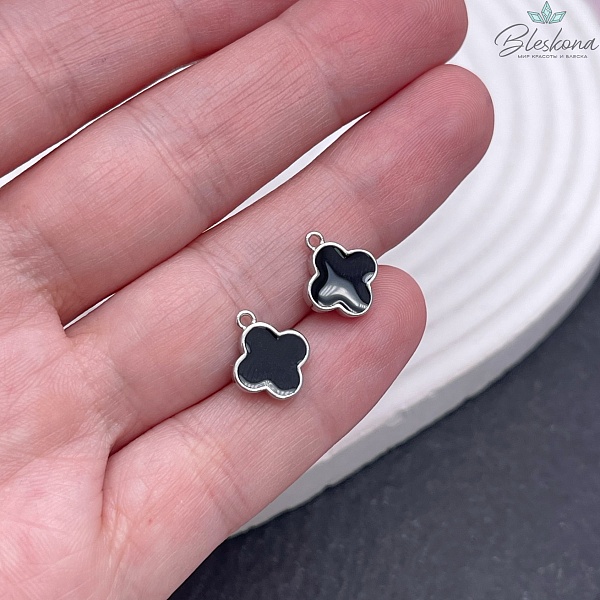 10*12 мм Цвет серебро, Подвеска Клевер черная эмаль