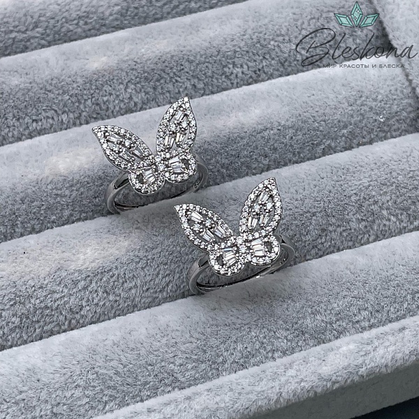 20 мм Цвет серебро, Кольцо безразмерное Бабочка мини цирконы Люкс 