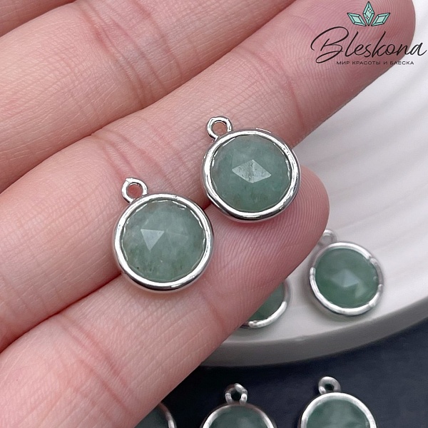 11,5мм, цвет серебро ,Подвеска круг мини Кварц тонированный зеленый  огранка