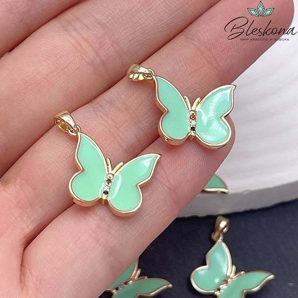 16*19мм,Цвет золото, Подвеска Бабочка эмаль зеленая, цирконы 