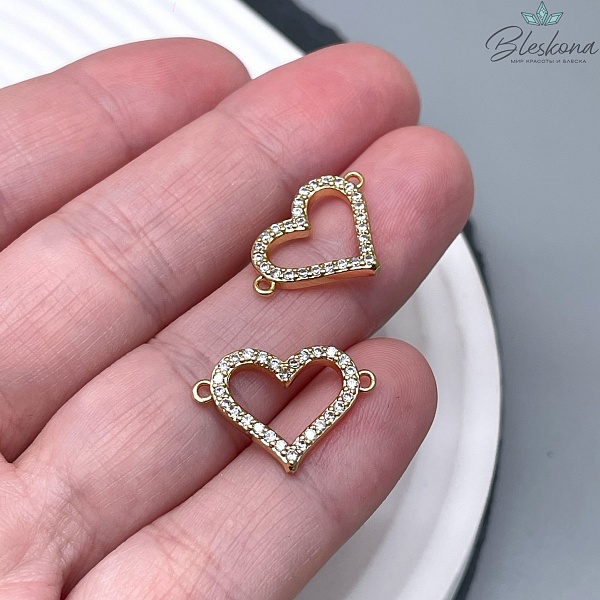 Коннектор Сердце контур из чирконов, Цвет золото 18,6*12,7мм 