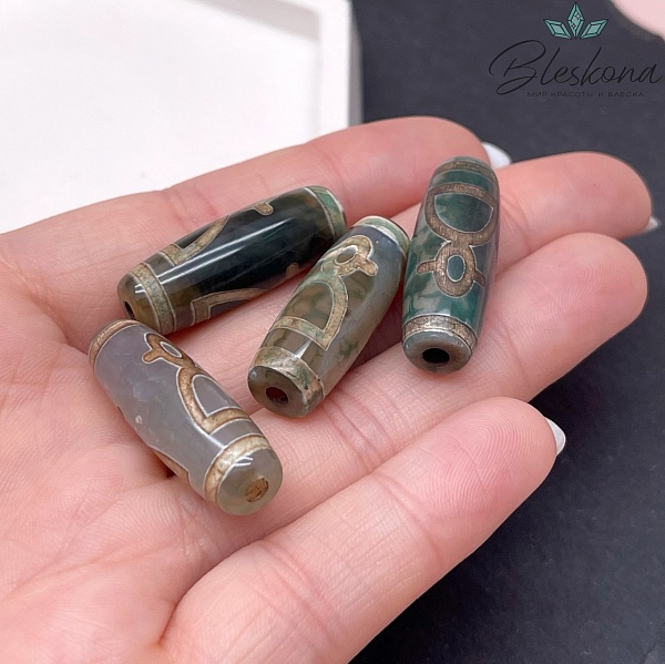 Бусина Дзи Кубера зелено-коричневый бочонок  №1 30*11 мм