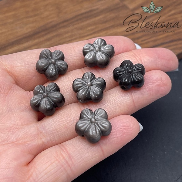 Резная бусина Цветок Обсидиан серебристый 14,5 мм