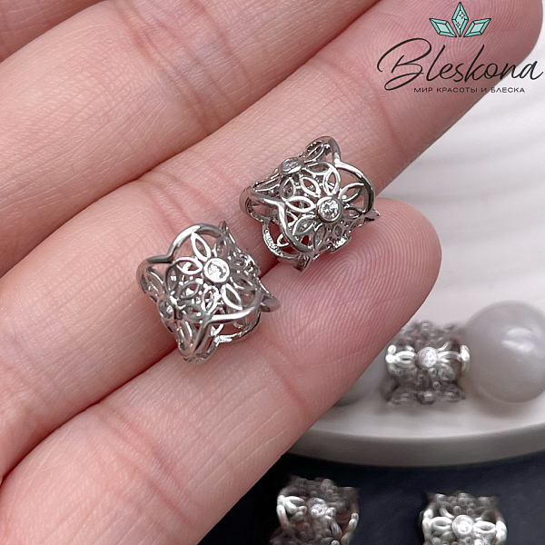 14,5*14,3 мм Цвет серебро, Бусина цилиндр цветы цирконы