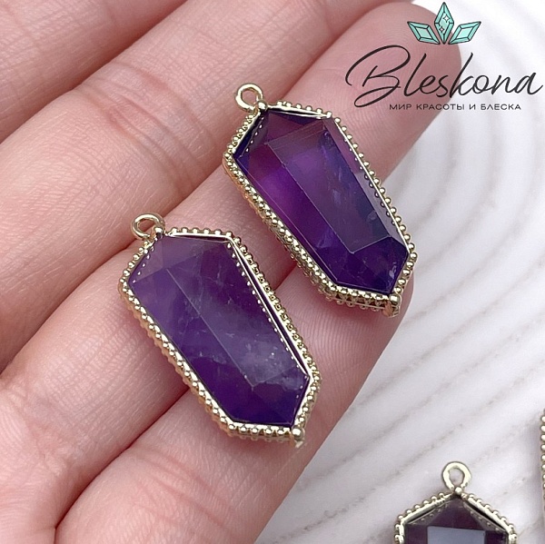 13,5*30мм, цвет золото ,Подвеска Шестиугольник Аметист в обрамлении цирконы
