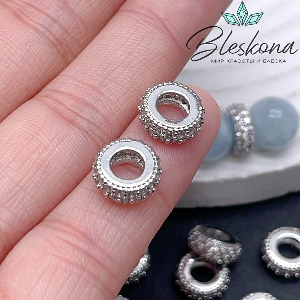 10*4 мм Цвет серебро, Бусина-разделитель цирконы 