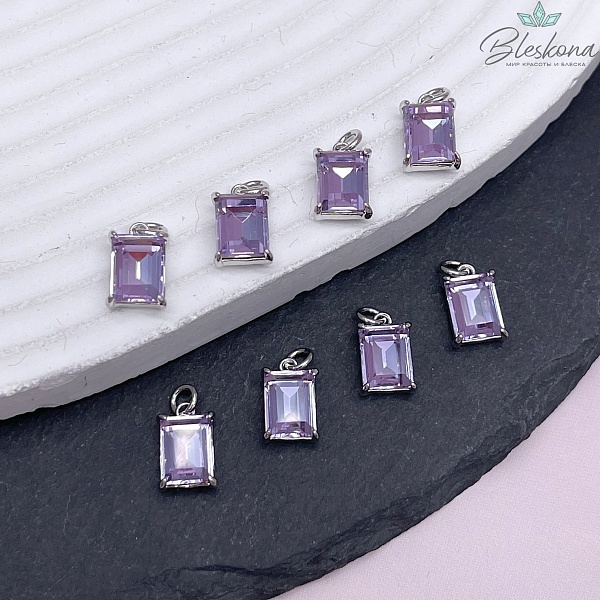 8*5 мм, Цвет серебро, Подвеска прямоугольник фиолетовый циркон