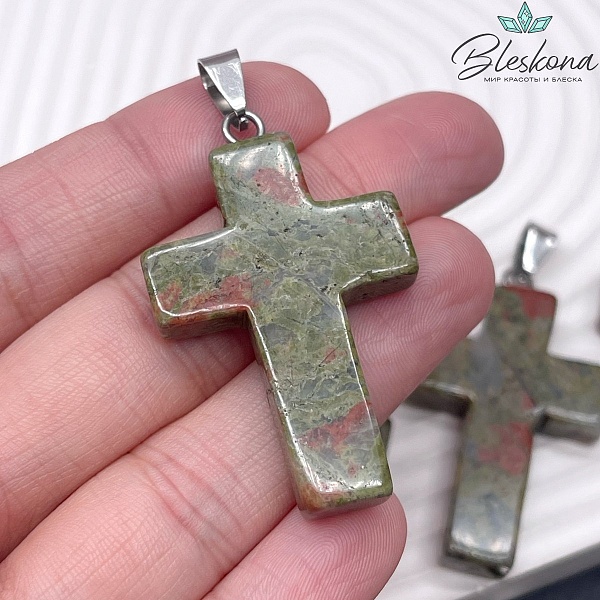 Подвеска крест Унакит, цвет серебро 44*28 мм