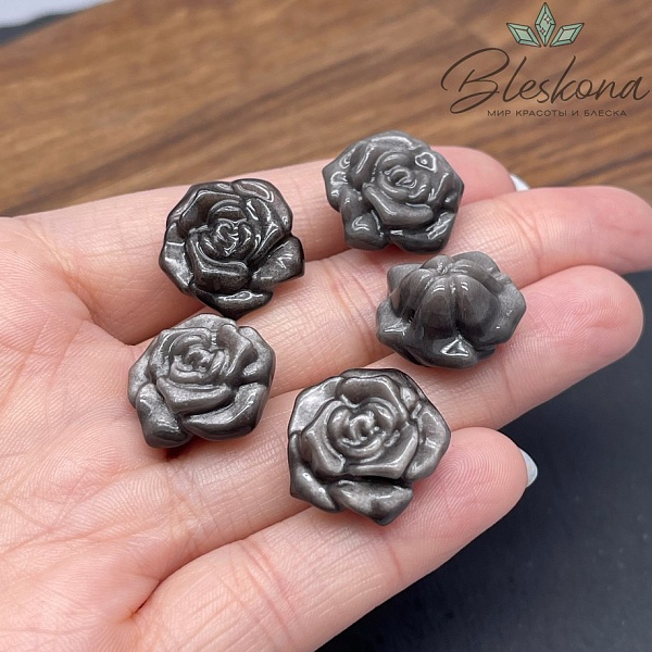 Резная бусина Роза Обсидиан серебристый  19 мм