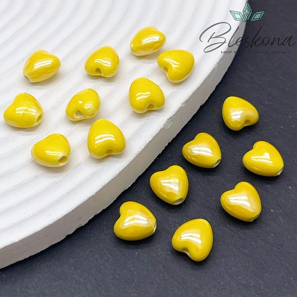 10 мм Бусина сердце, керамика цвет желтый