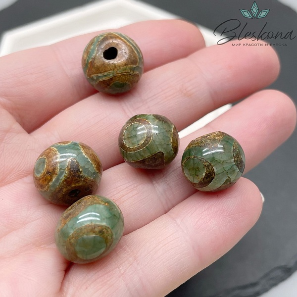 Бусина Дзи 3 глаза зелено-коричневый рондель 10*14 мм