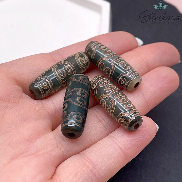 Бусина Дзи 16 глаз зелено-коричневый бочонок 30*11 мм