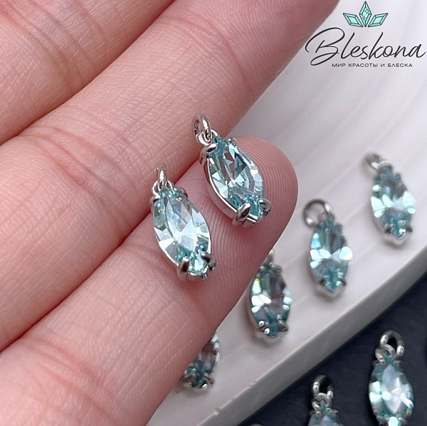 12*5 мм Цвет серебро, Подвеска капля с голубым стеклом 