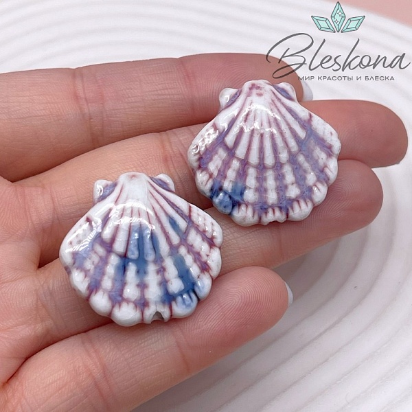 27*25 мм Керамика Бусина ракушка бело- фиолетовая