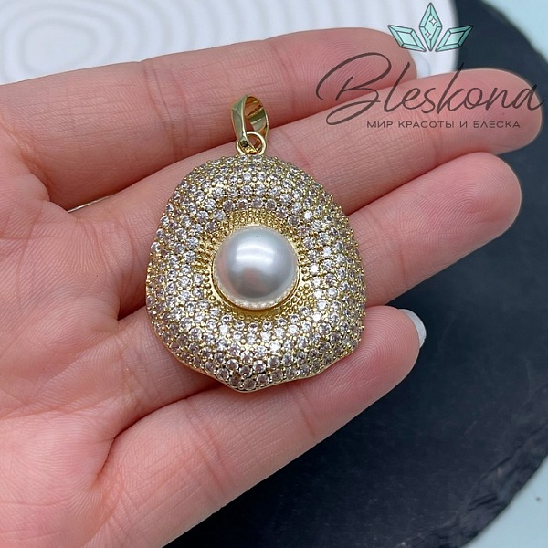 37-31 мм Цвет золото, Подвеска Ракушка с жемчугом Майорка №2