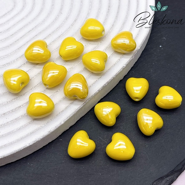 12 мм Бусина сердце, керамика цвет желтый