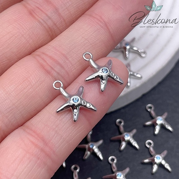 14*10 мм Цвет серебро, Подвеска Морская звезда голубой циркон