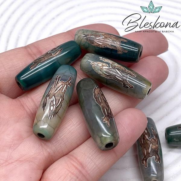 Бусина Дзи Конь Тассо (Лошадь) зелено-коричневый бочонок 30*11 мм