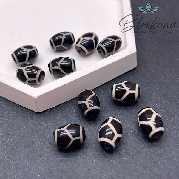 Бусина Дзи Черепаха черно-белый бочонок 10*14 мм