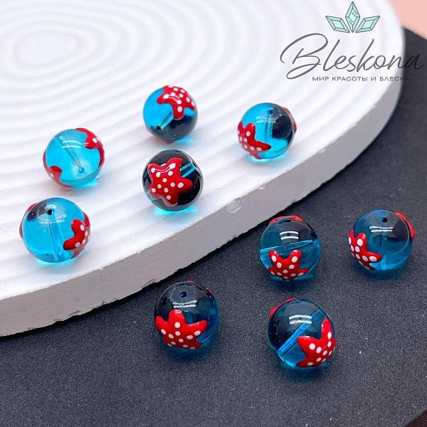 11 мм Бусина шар синий красная звезда
