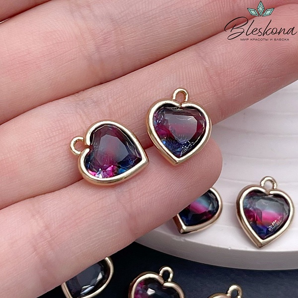 12 мм, Цвет золото, Подвеска сердце стекло малиново-синее
