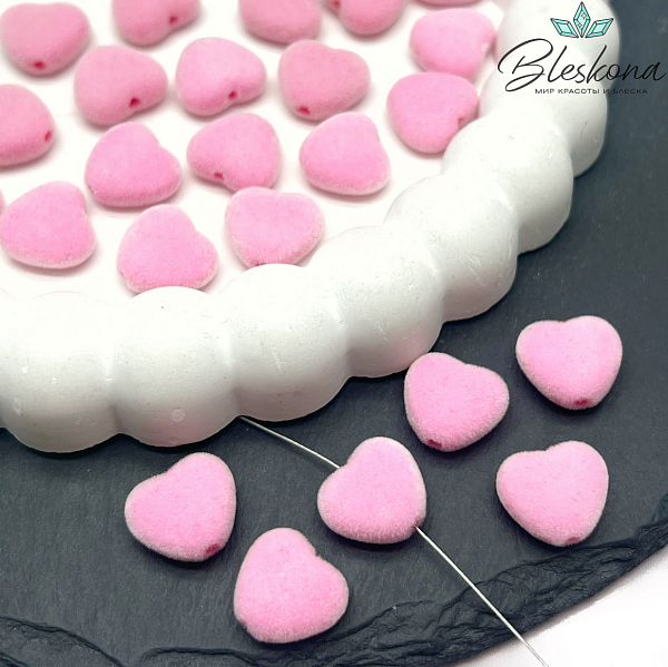 12мм Бархатная бусина Сердце, Цвет розовый