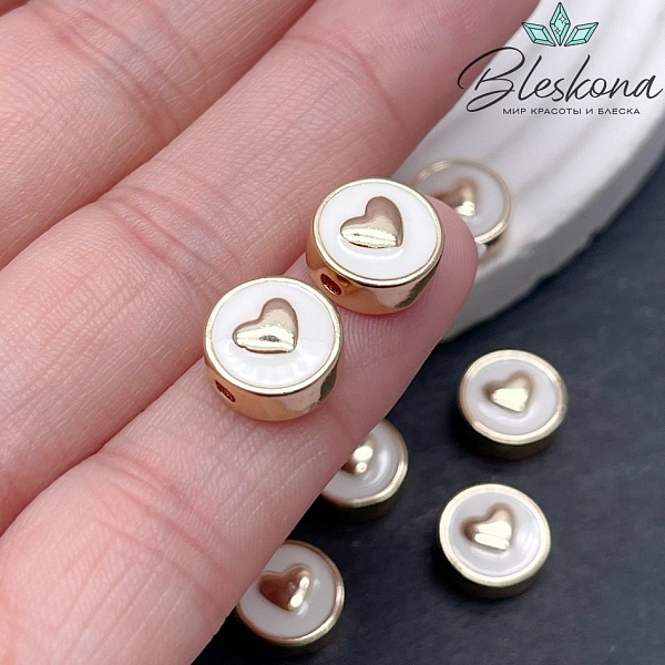 10мм Цвет золото,Бусина сердце белая эмаль 