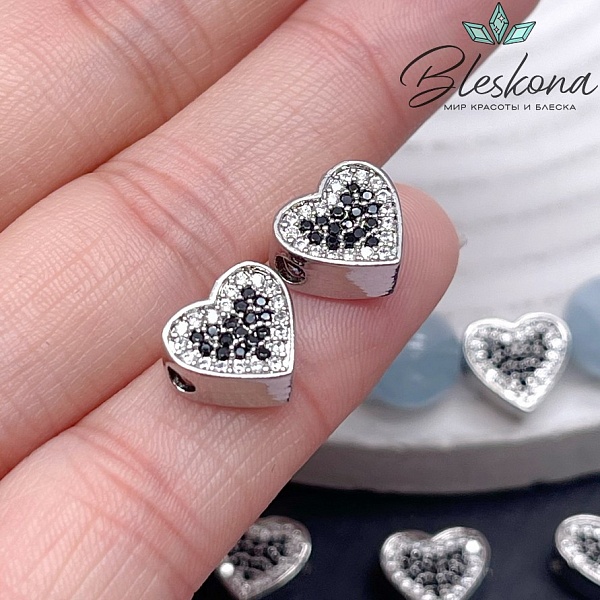 9,5*10,5мм, Цвет серебро, Бусина сердце черные белые цирконы