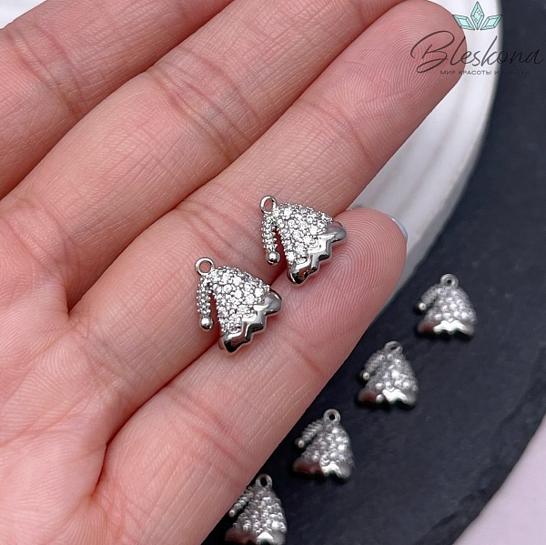 11,5*10 мм Цвет серебро, Подвеска новогодняя шапка цирконы