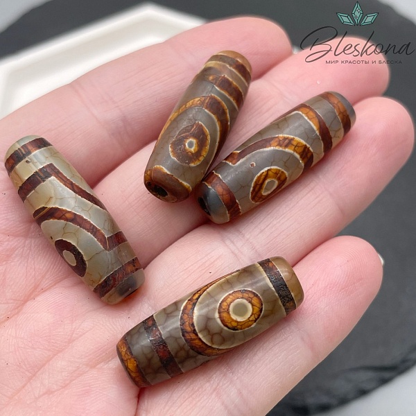 Бусина Дзи 2 глаза серо-коричневый бочонок 30*11 мм