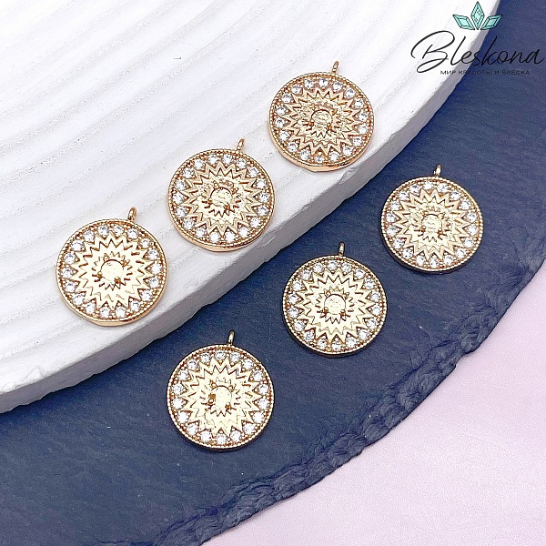 15,5мм, Цвет золото, Подвеска круг цветок цирконы 