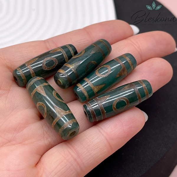 Бусина Дзи 3 глаза коричнево-зеленый бочонок 30*11 мм