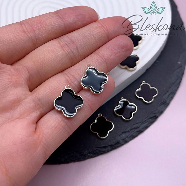 17*15мм,Цвет золото,Подвеска Клевер черная эмаль