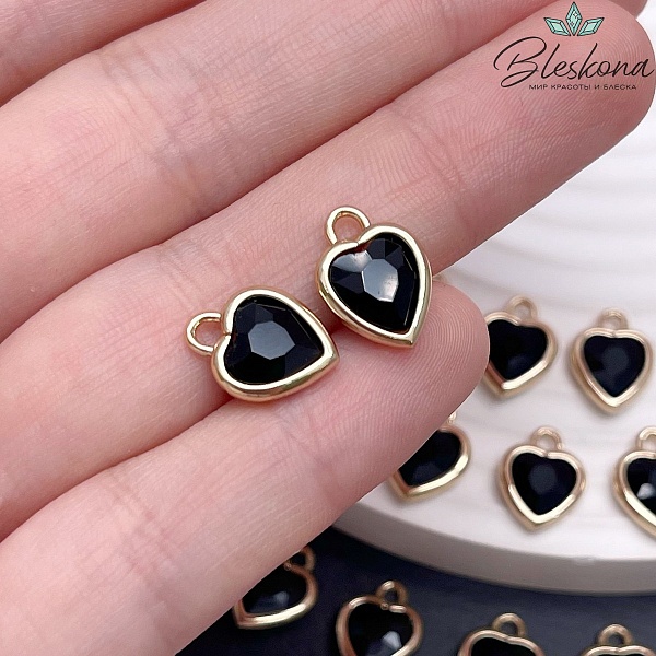10 мм, Цвет золото, Подвеска сердце стекло черное