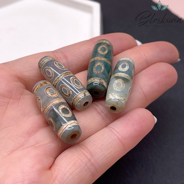 Бусина Дзи 8 глаз зелено-коричневый бочонок 30*11 мм