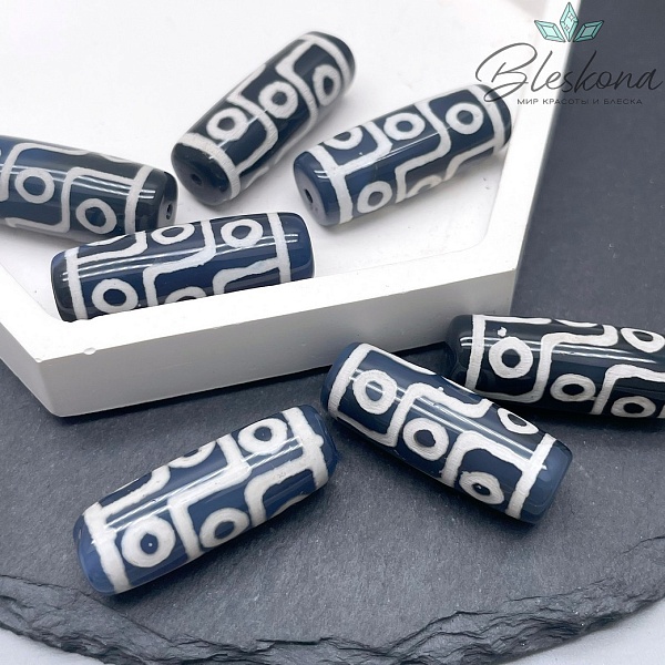 Бусина Дзи 9 глаз бело-синий бочонок 30*11 мм