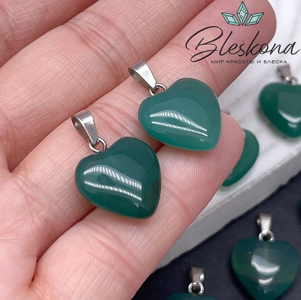 16*15 мм Цвет серебро, Подвеска Сердце Агат зеленый