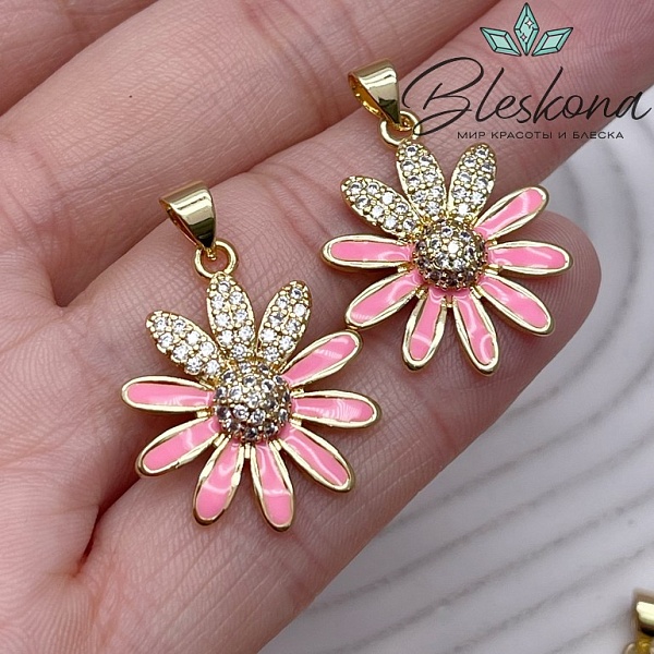 23,5*19 мм Цвет золото, Подвеска ромашка с цирконами, розовая эмаль