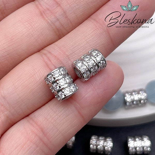 9,5*7,5 мм Цвет серебро, Бусина цирконы 3 ряда