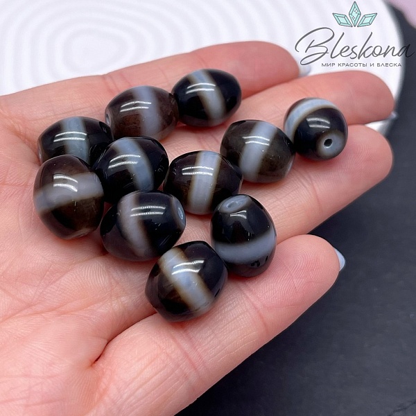 Бусина Дзи Медицина черно-белый бочонок 12*14 мм