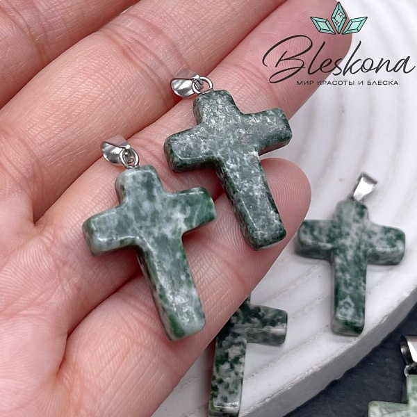 Подвеска крест Яшма зеленая пятнистая, цвет серебро 28*18 мм
