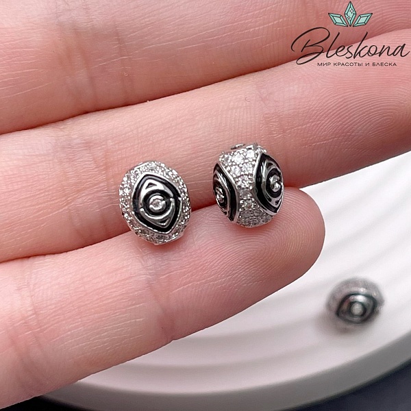 9*8 мм Цвет серебро, Бусина бочонок глаз цирконы черная эмаль