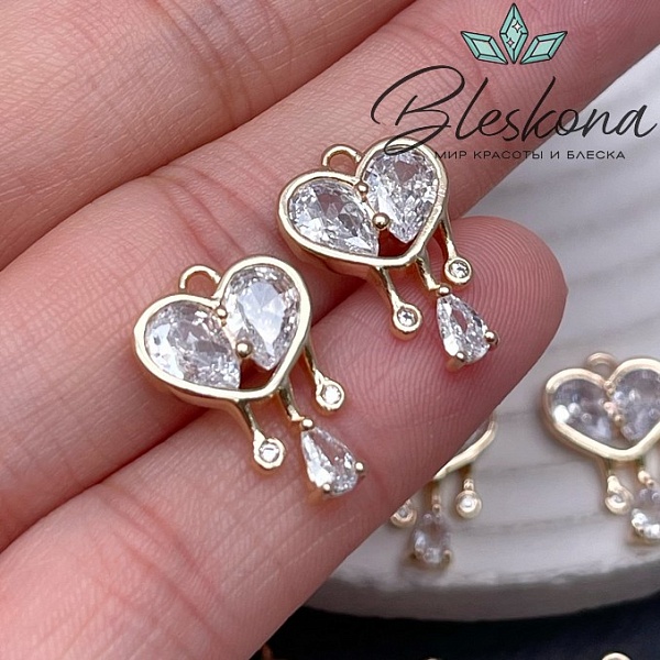 18*12 мм Цвет золото, Подвеска сердце капли с цирконами