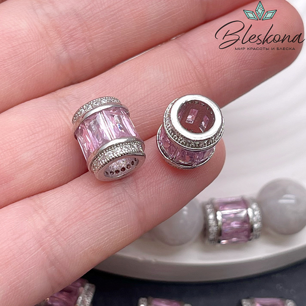 11*9,5 мм, цвет серебро, Бусина цилиндр розовые цирконы