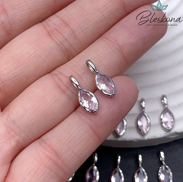 15*5,5 мм Цвет серебро, Подвеска капля с розовым цирконом
