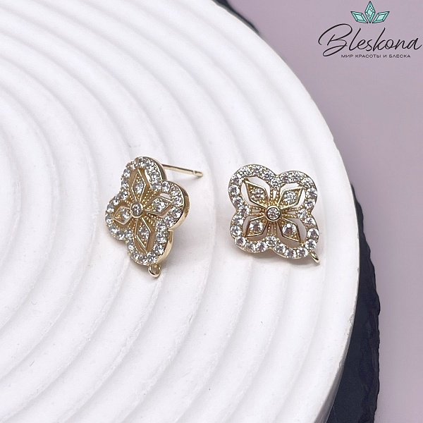 17*14 мм Цвет золото, Пусеты цветочек цирконы
