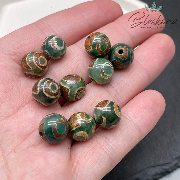 Бусина Дзи 3 глаза зелено-коричневый шар №1 10 мм уп.10 шт.