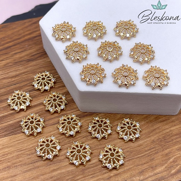 12мм, цвет золото, Шапочка цирконы 