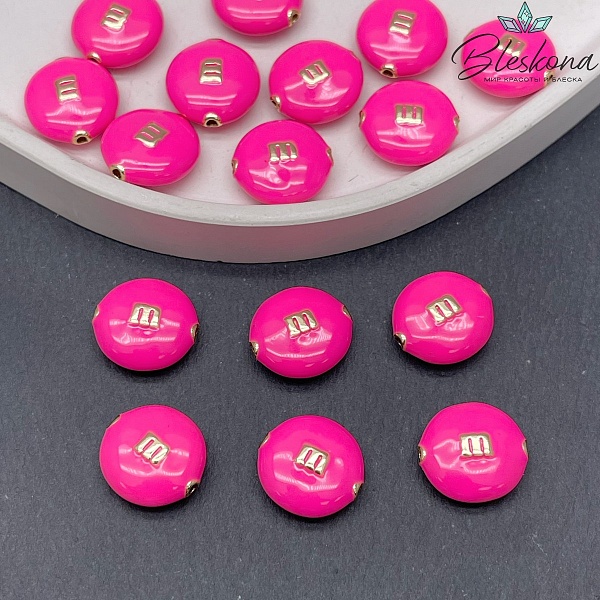 14*13 мм Цвет золото, Бусина M&M`s розовая эмаль