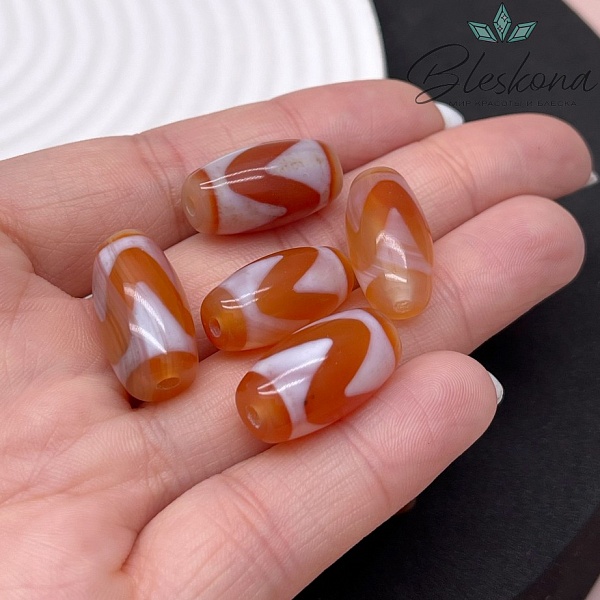 Бусина Дзи тигриный клык бело-коричневый бочонок №1 20*11 мм